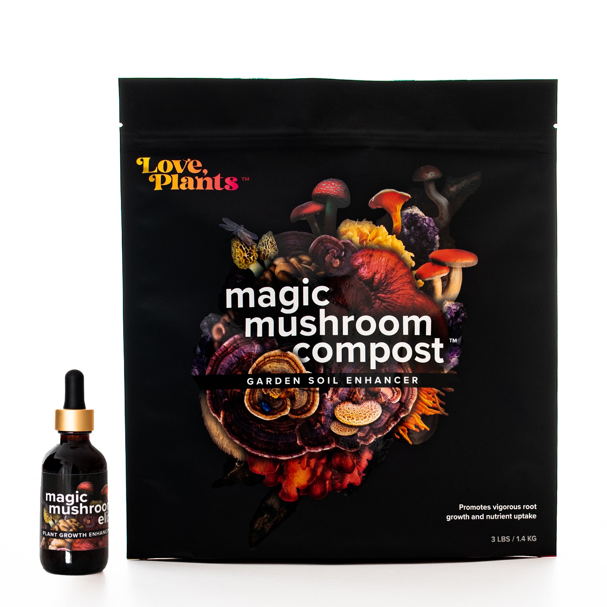 Product images of Magic Mushroom compost bag and Magic Mushroom Elixir dropper bottle