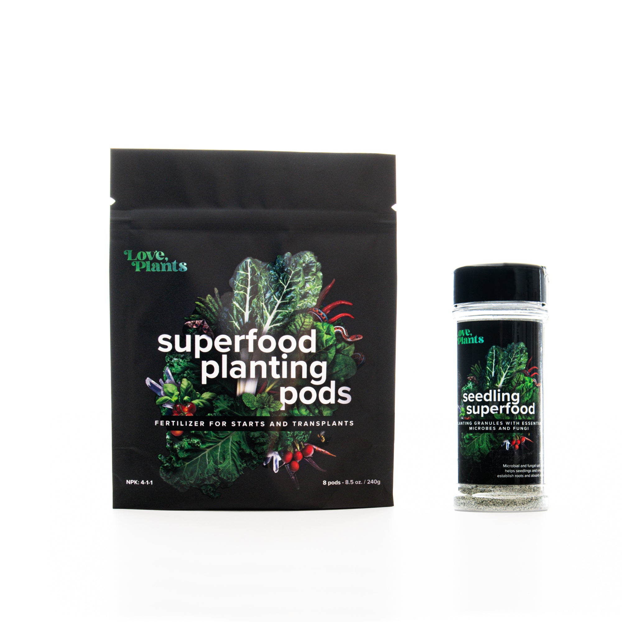 Image of Superfood Veggie Planting Pods front of bag and Seedling Superfood shaker bottle